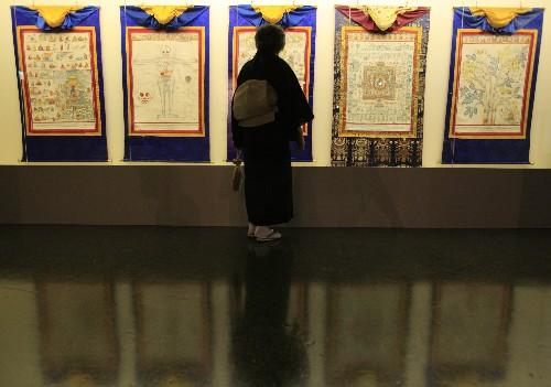 7月11日，觀眾在日本北海道近代美術館舉行的“圣地西藏珍寶展”上觀看關于醫(yī)學的唐卡。當天，介紹西藏文化藝術的“圣地西藏珍寶展”在北海道首府札幌開幕。展覽展出了中國西藏自治區(qū)博物館和布達拉宮等地珍藏的123件珍貴文物，其中包括36件國家一級文物。札幌的展出將持續(xù)到8月23日，之后還將在東京、大阪和仙臺進行巡回展出。 新華社記者任正來攝
