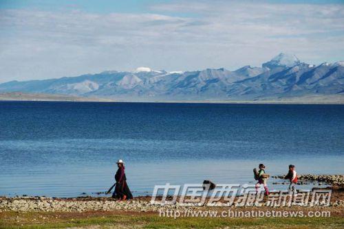 暢游在瑪旁雍措湖邊。